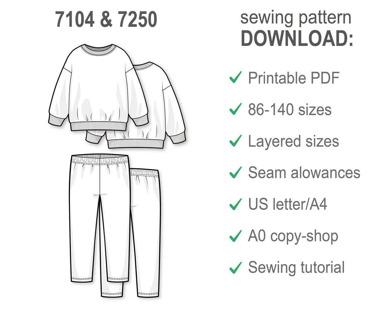 Girls Sewing Pattern Bundle PDF, Kids Sweatshirt and Legging Pants Pattern, Easy Beginner Sewing Patterns, Digital PDF Pattern Sew