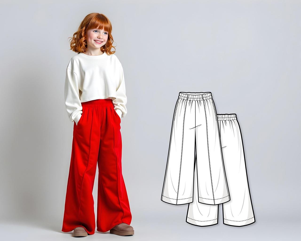 Wide-Leg Pants Sewing Pattern for Kids PDF, DIY Elastic Waist Trousers, Beginner-Friendly Loose-Fit Flowy Palazzo Pants for Girls