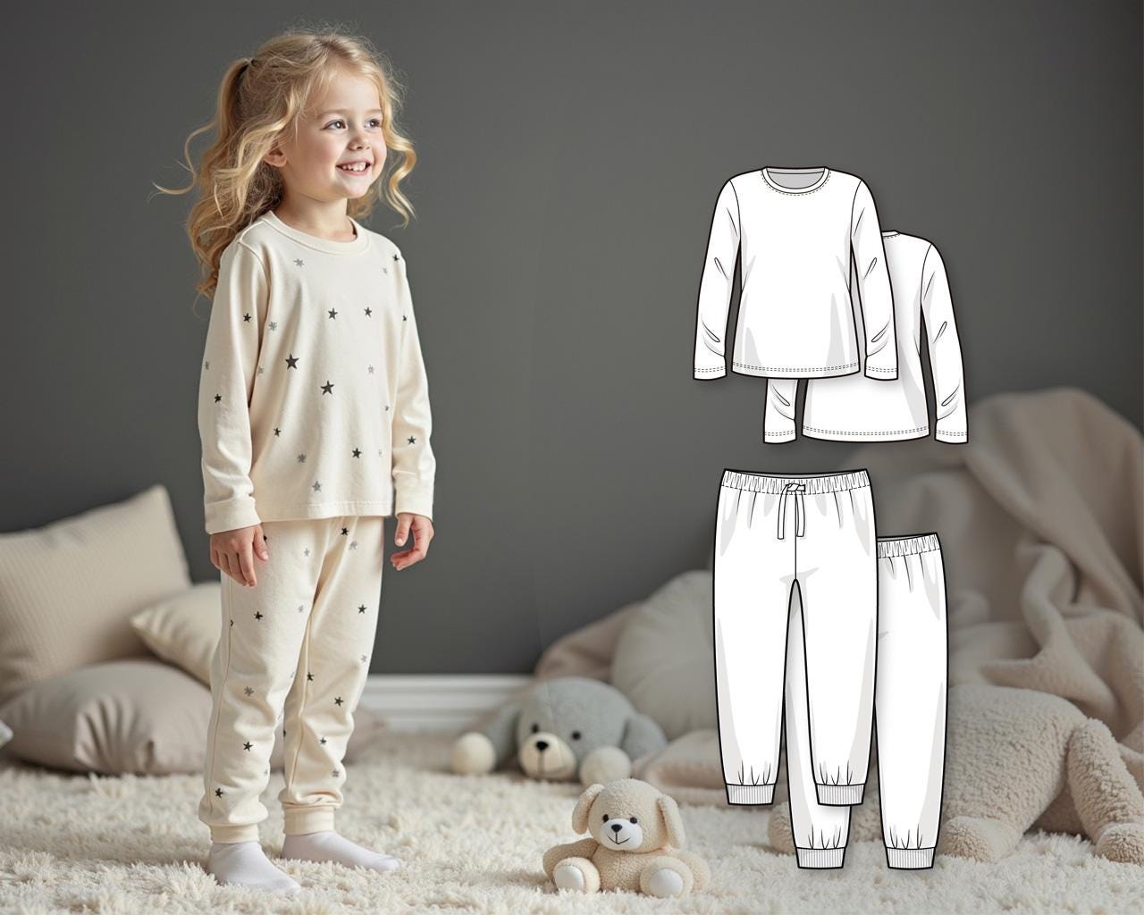 Kids Pajama Sewing Pattern PDF, DIY Knit Pajama Set for Boys and Girls, Long Sleeve Top and Pants Sleepwear
