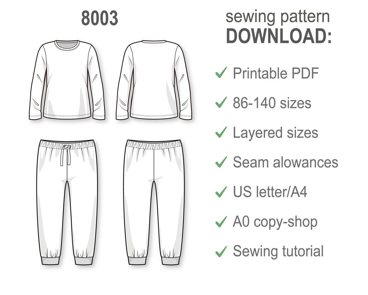 Kids Pajama Sewing Pattern PDF, DIY Knit Pajama Set for Boys and Girls, Long Sleeve Top and Pants Sleepwear