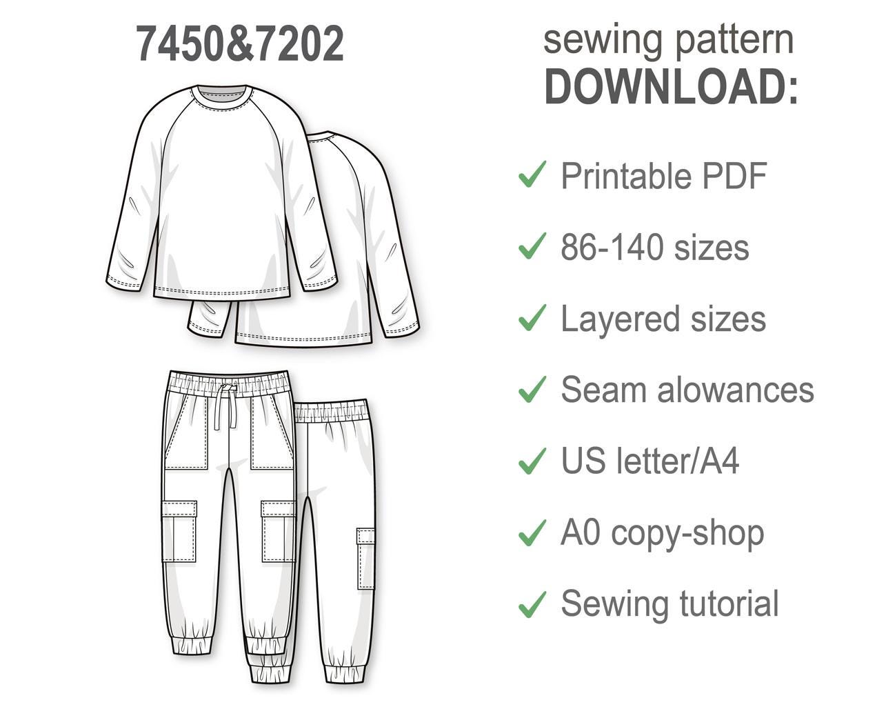 Boys Sewing Pattern Bundle PDF, Raglan Long Sleeve T-Shirt and Cargo Pants, Easy Beginner Patterns for Kids, Digital Sew Pattern Download