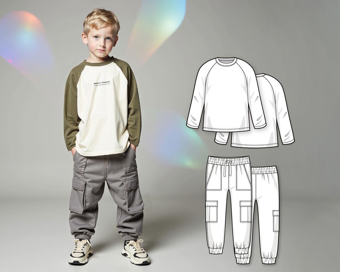 Boys Sewing Pattern Bundle PDF, Raglan Long Sleeve T-Shirt and Cargo Pants, Easy Beginner Patterns for Kids, Digital Sew Pattern Download