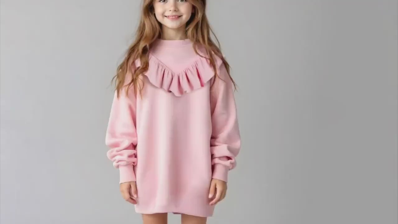 Girls Ruffled Sweatshirt Dress Sewing Pattern, DIY Mini Pullover, Beginner Friendly Loose Fit Casual Outfit for Kids