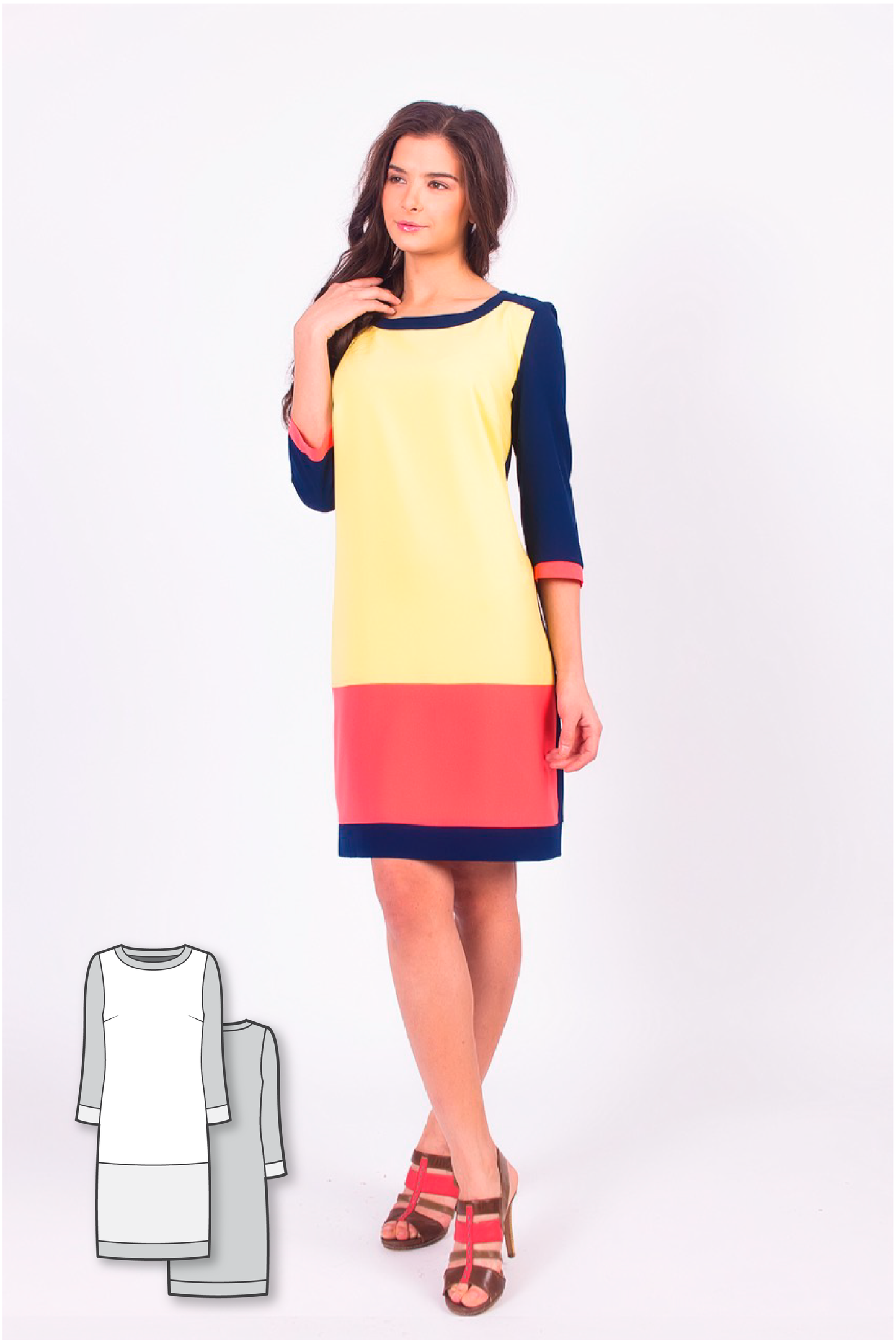 Color Blocked 3/4 Length Sleeve Dress #2103