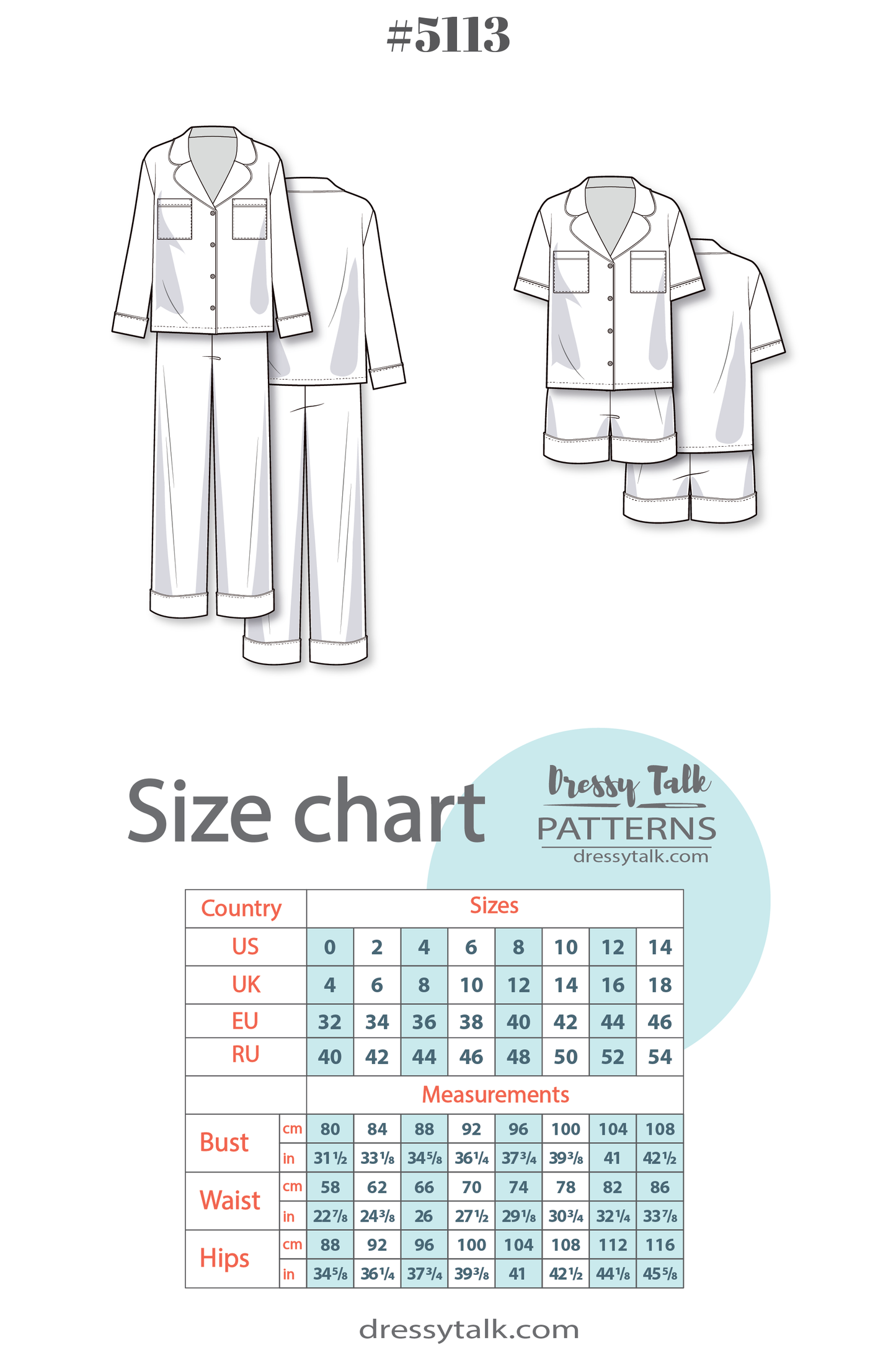 Pyjama Sewing Pattern - Sleepwear Patterns - Women's PDF Sewing Patterns - PDF Pajama Patterns - Pj Pattern - Pj Shorts Sorts Pattern - 5113