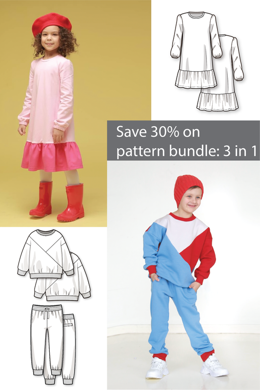 Bundle of 3 PDF sewing patterns: dress, sweatshirt, jogger pants for girls and boys - age 1-10 years