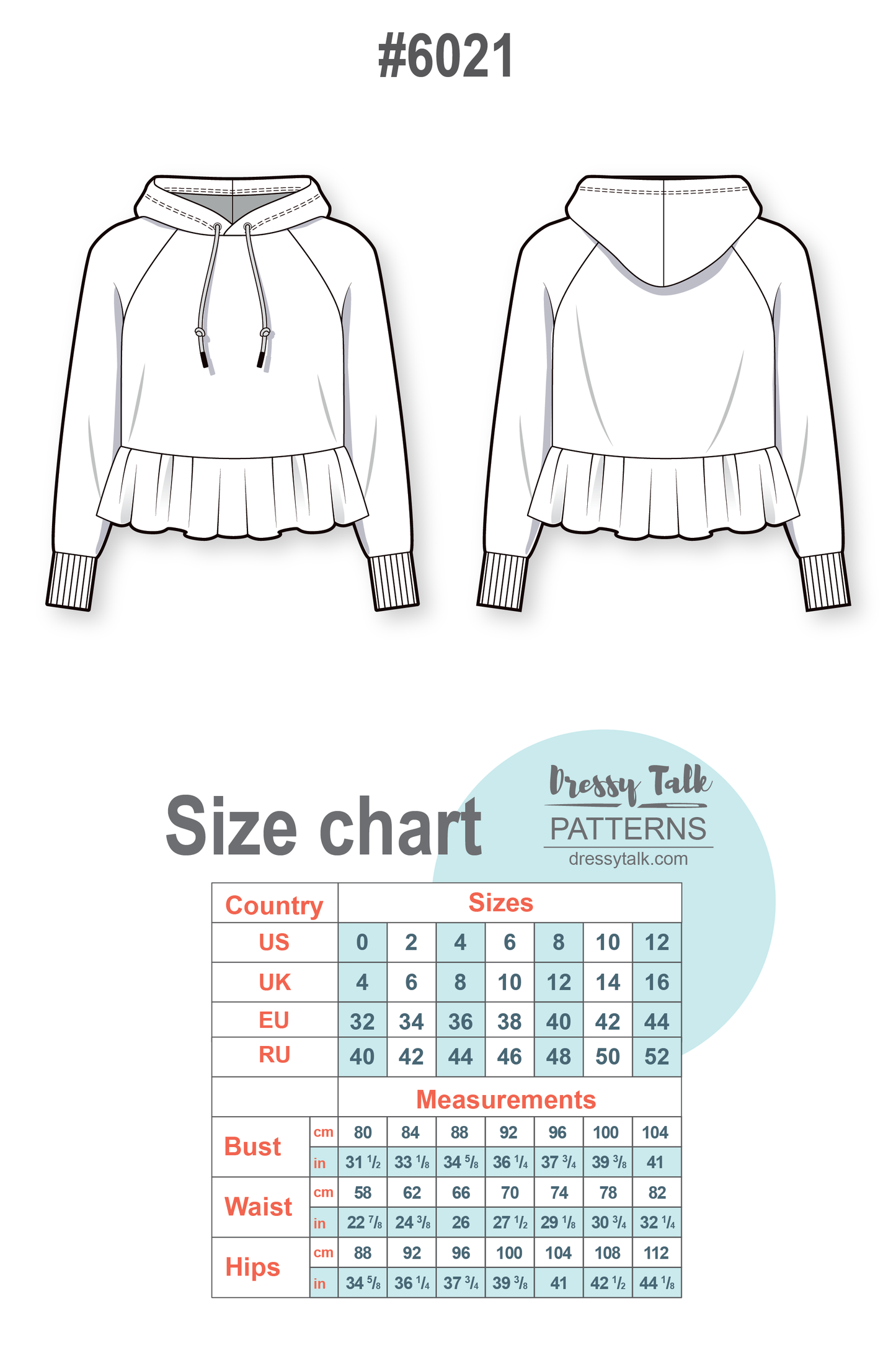 Regular fit raglan sleeve ruffled cropped sweatshirt hoodie - PDF sewing pattern for women
