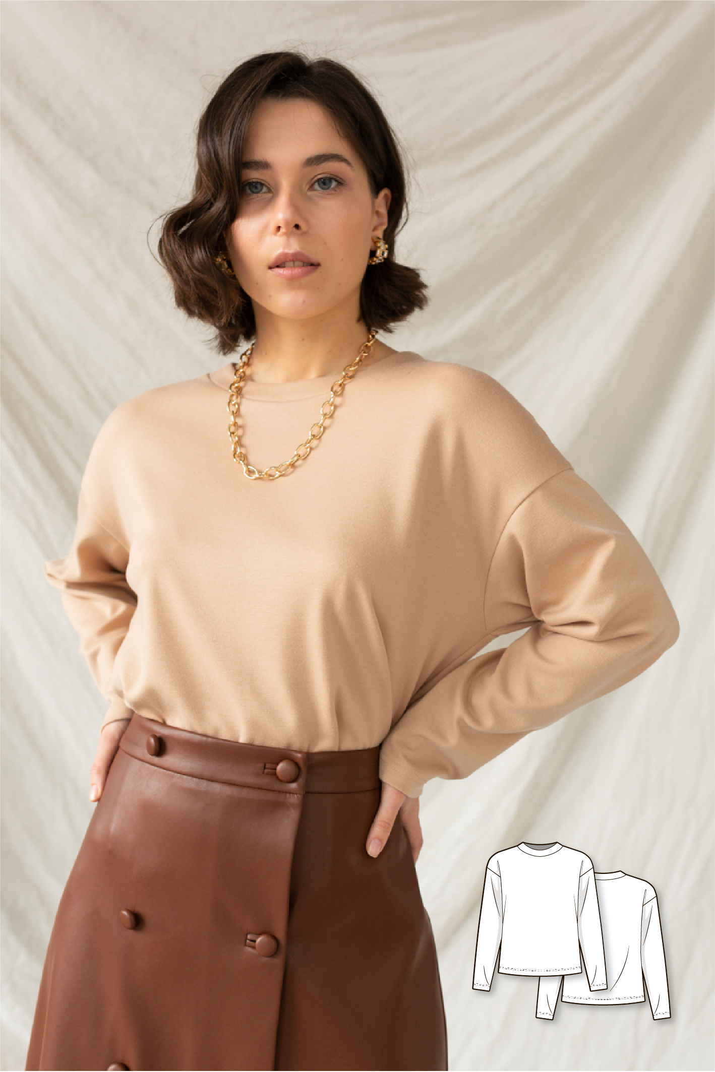 Capsule pattern: puff long sleeve blouse, A-line double breast skirt, drop shoulder sweatshirt