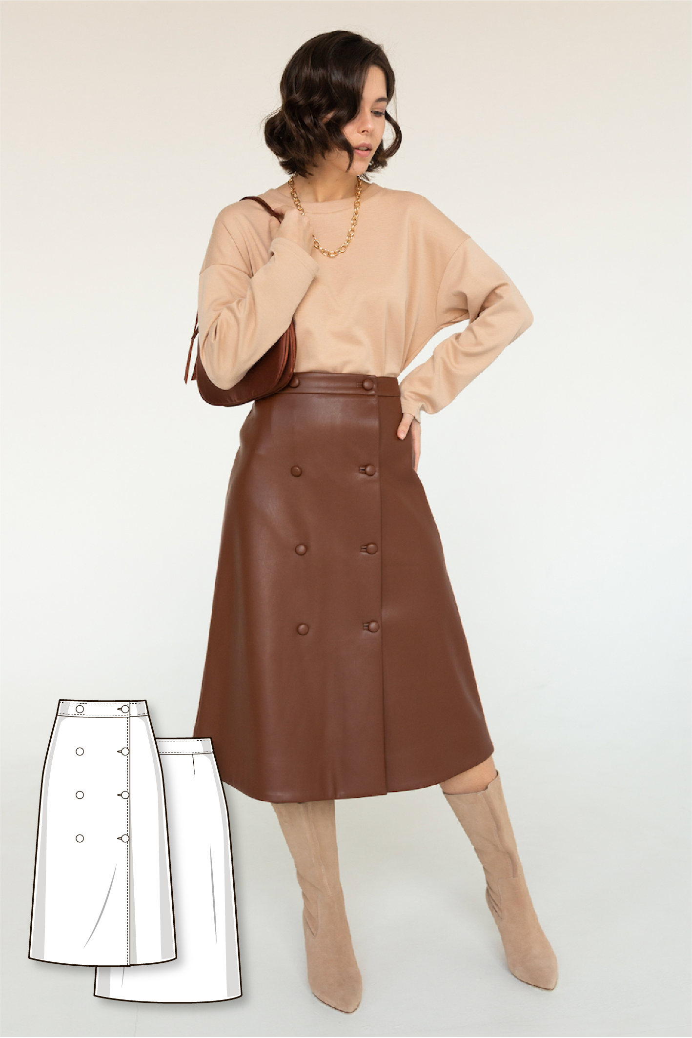 A-line double breast wrap midi skirt with buttons #6026