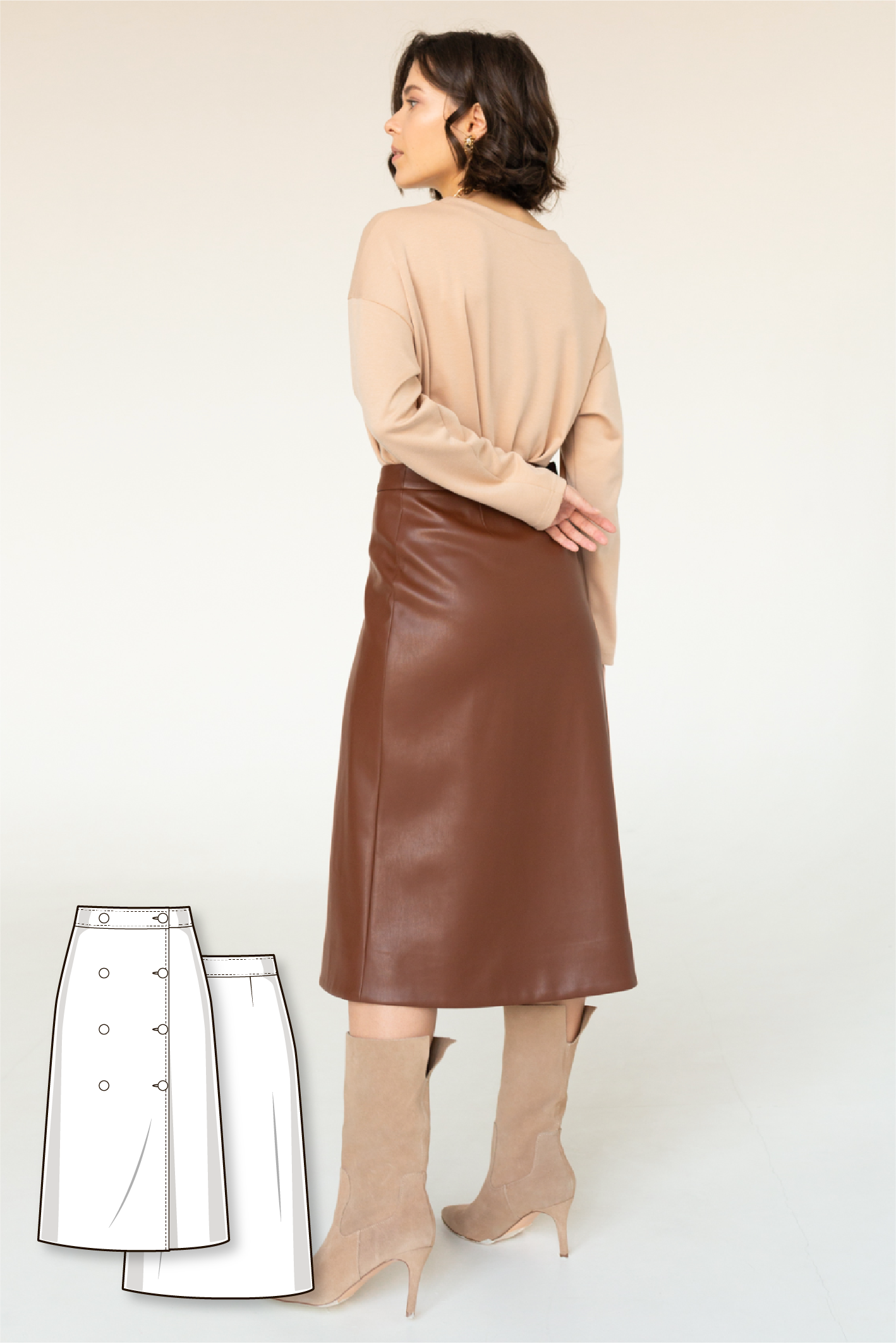A-line double breast wrap midi skirt with buttons #6026