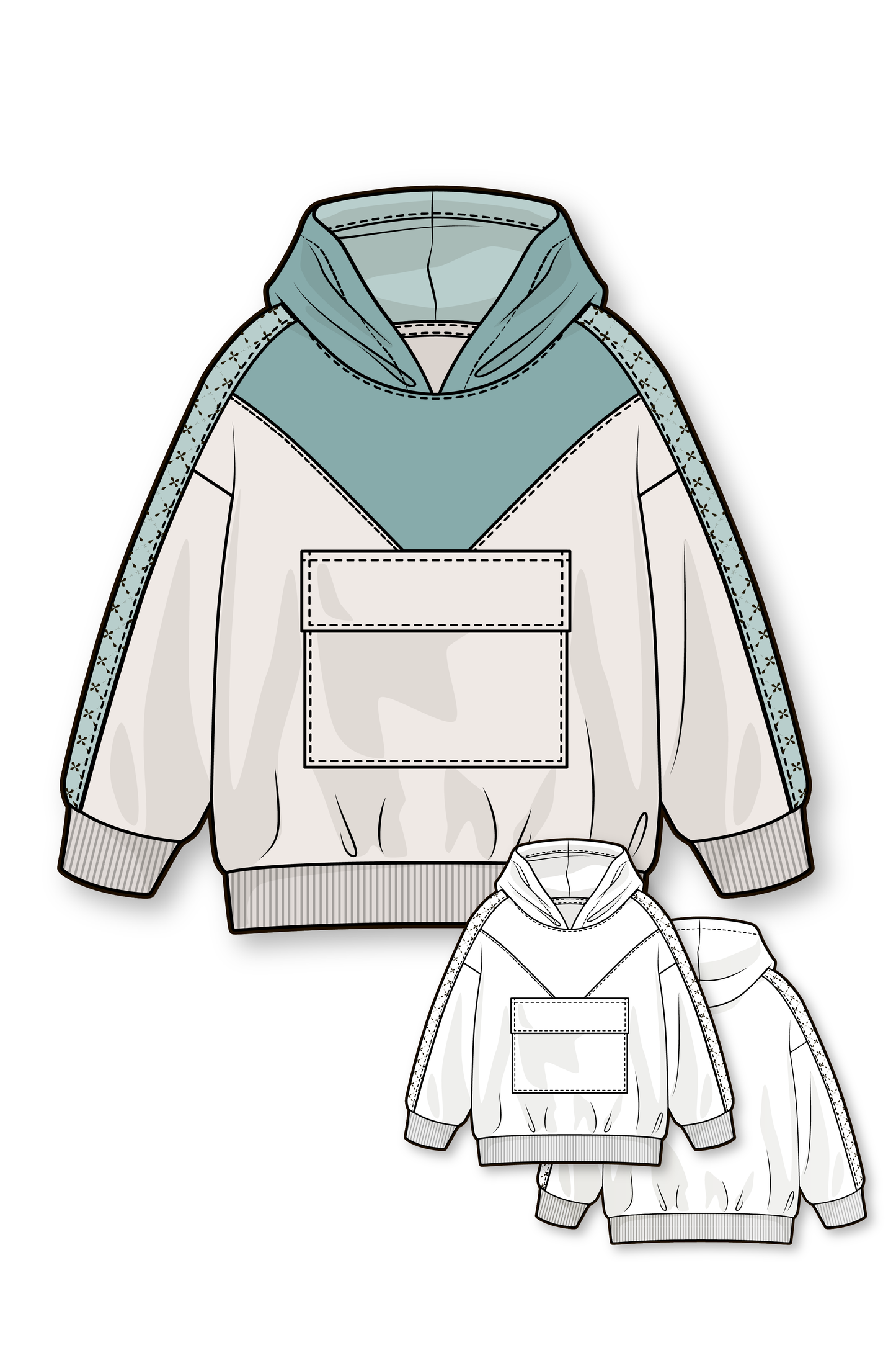 Oversize hoodie for boys and girls with triangle front yoke and flap pocket - PDF sewing pattern for kids - age 1-10 years