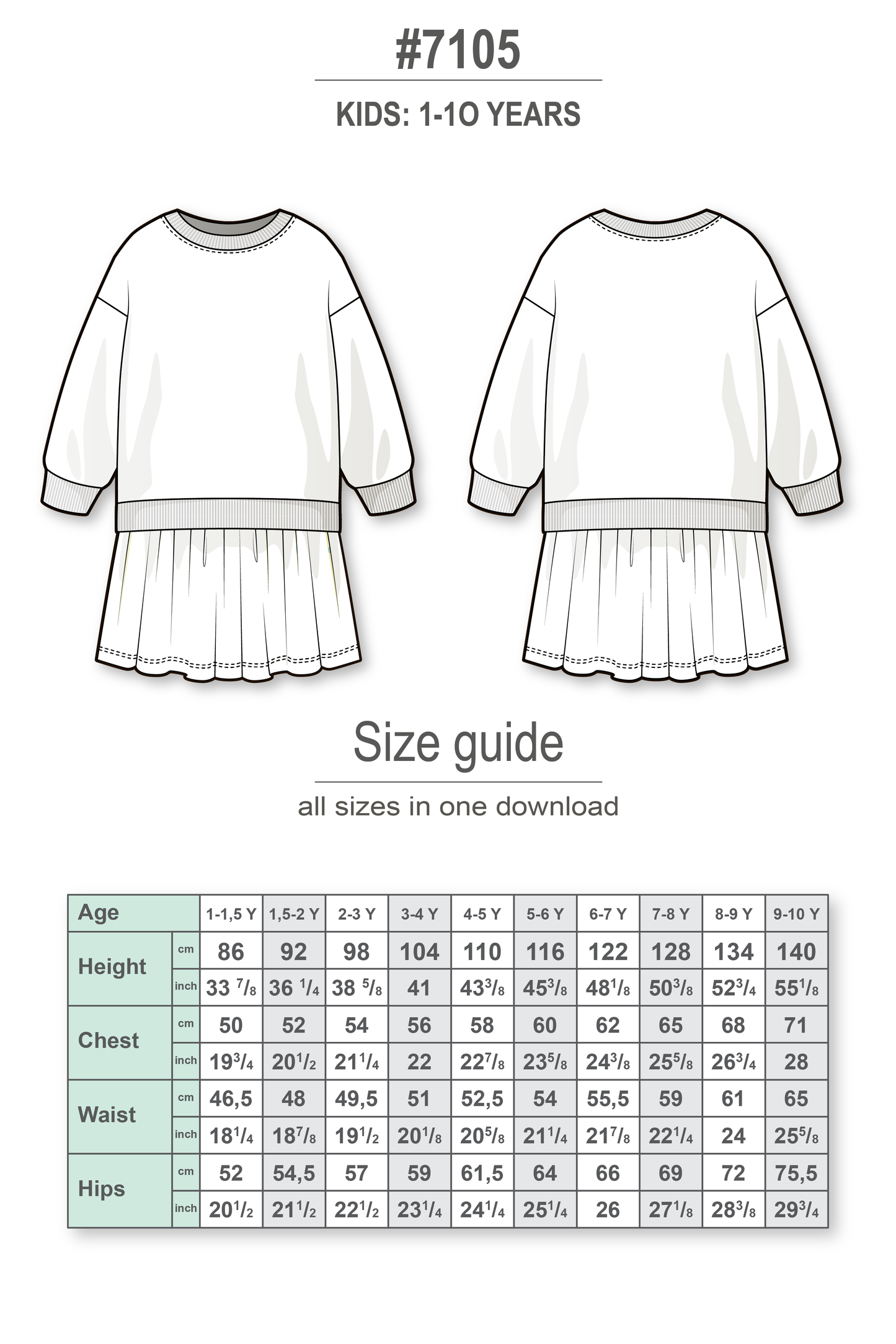 Dress with long sleeve sweatshirt top and gathered skirt - PDF sewing pattern for girls and baby girls - age 1-10 years