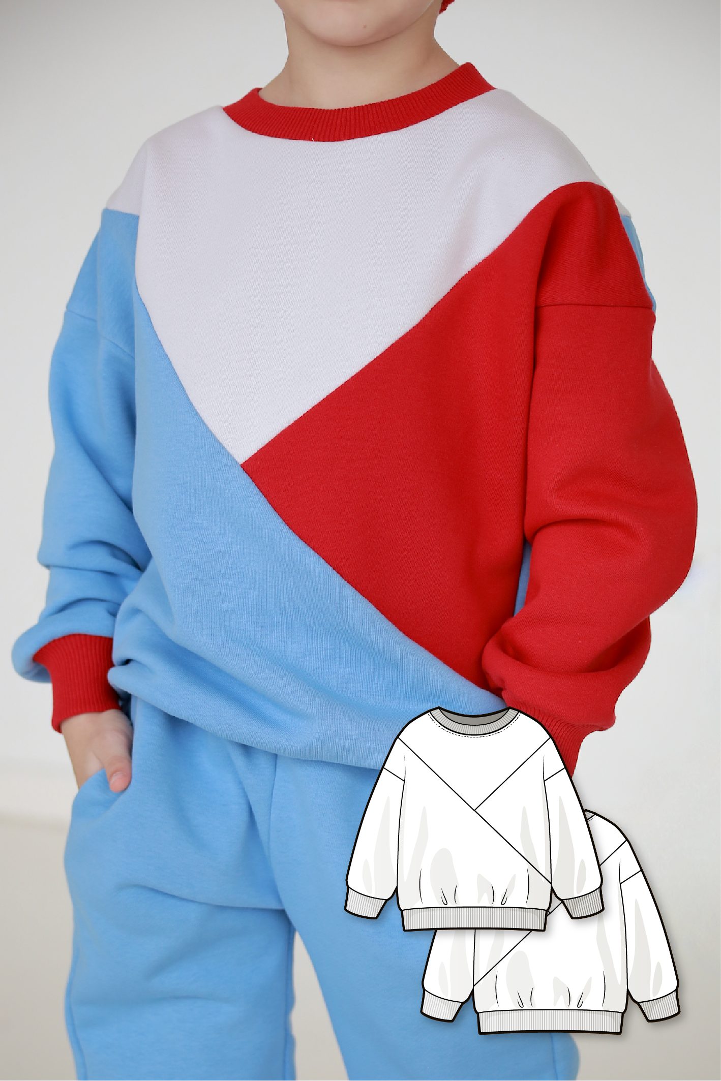 Color blocked sweatshirt with long sleeve and round neckline - PDF sewing pattern for girls and boys - age 1-10 years