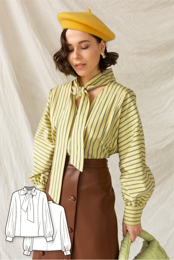 Shirt oversize blouse with puff sleeves and a bow tie collar #6024