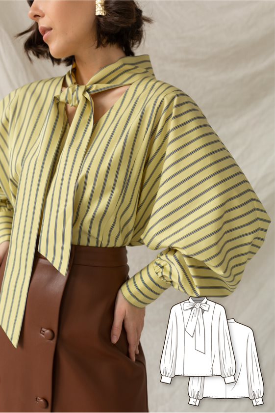 Shirt oversize blouse with puff sleeves and a bow tie collar #6024