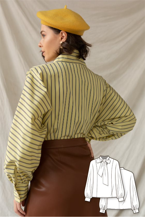 Shirt oversize blouse with puff sleeves and a bow tie collar #6024
